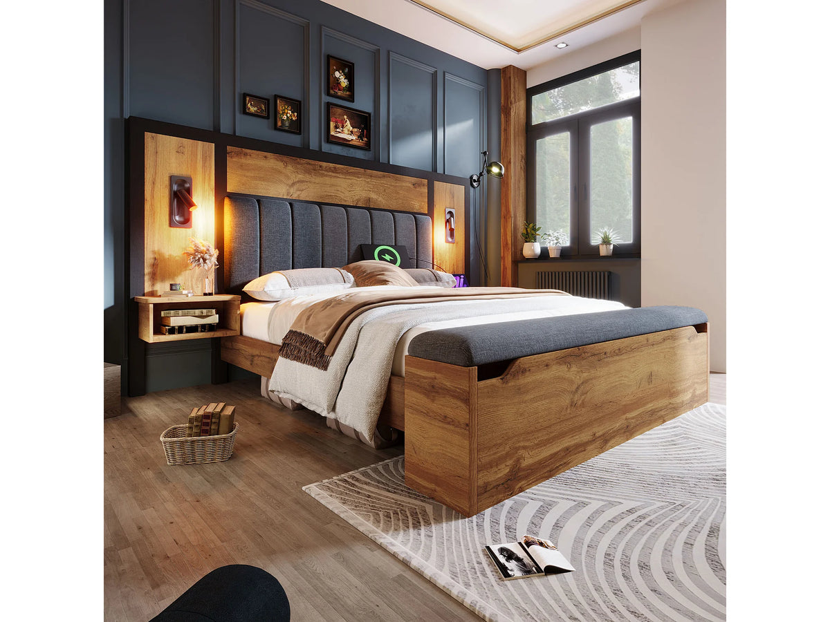 Lit Coffre 160x200 Tissu Lin Naturel foncé avec Chevets et Port USB — vue 3