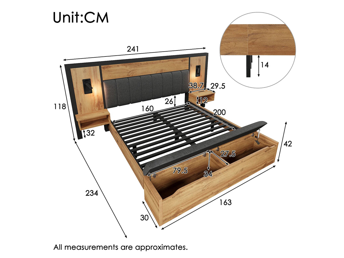 Lit Coffre 160x200 Tissu Lin Naturel foncé avec Chevets et Port USB — vue 5