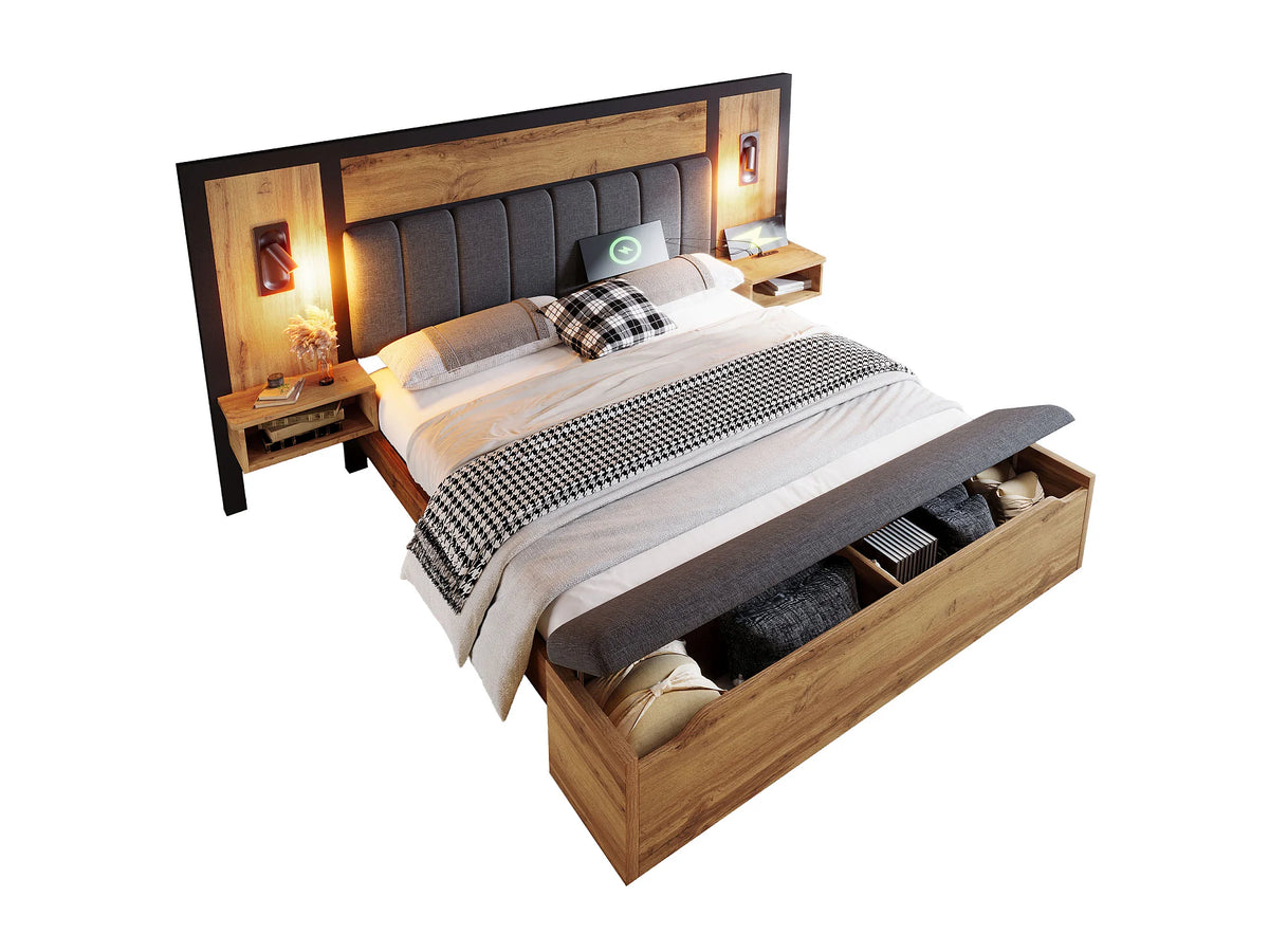 Lit Coffre 160x200 Tissu Lin Naturel foncé avec Chevets et Port USB — vue 4