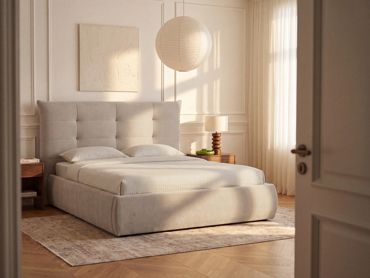 Lit Coffre 160x200 Tissu Beige Capitonné - DORMELINA