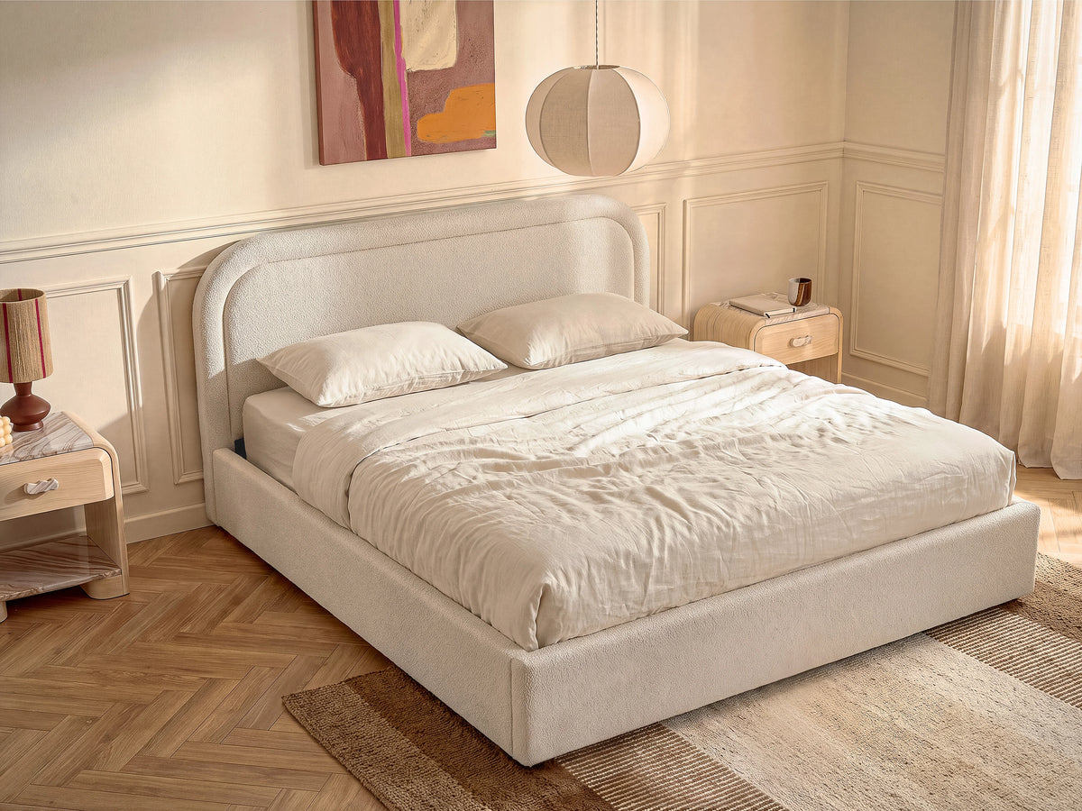 Lit Coffre 180x200 Tissu Bouclette Beige - FIDOZIA