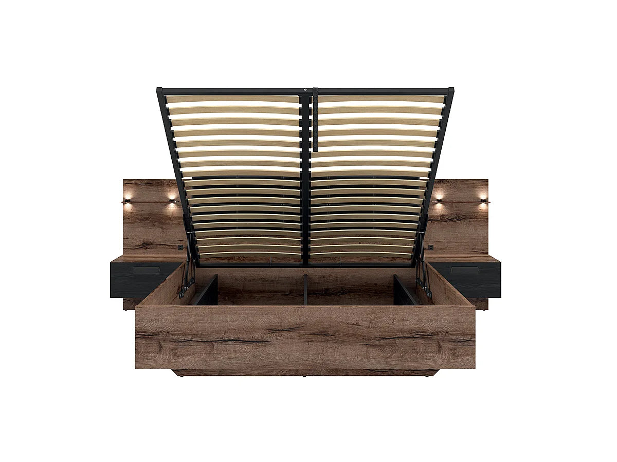 Lit Coffre 160x200 Bois Naturel clair avec Chevets, LED et Port USB — vue 3