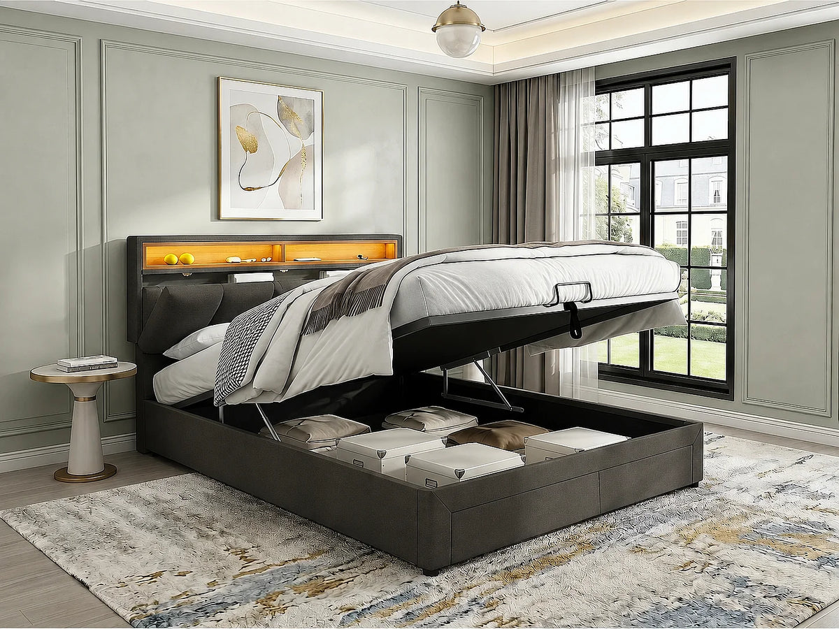 Lit Coffre 140x190 Tissu Lin Gris avec LED — vue 7