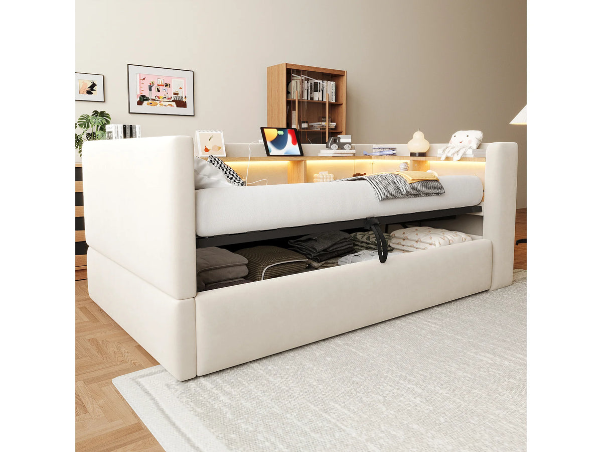 Lit Coffre 90x190 Flanelle Beige avec LED — vue 2