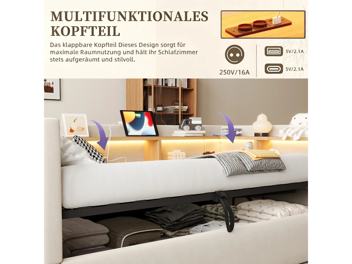 Lit Coffre 90x190 Flanelle Beige avec LED — vue 8