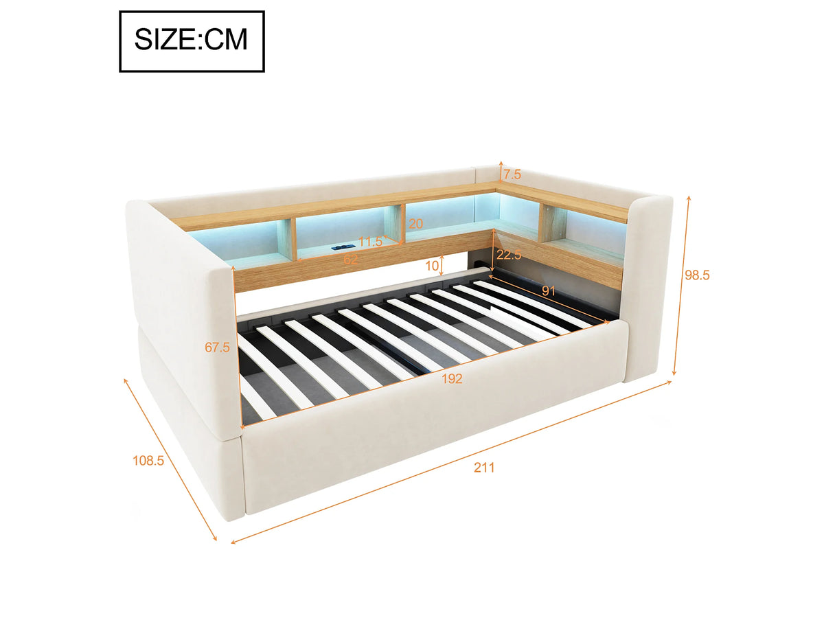 Lit Coffre 90x190 Flanelle Beige avec LED — vue 9