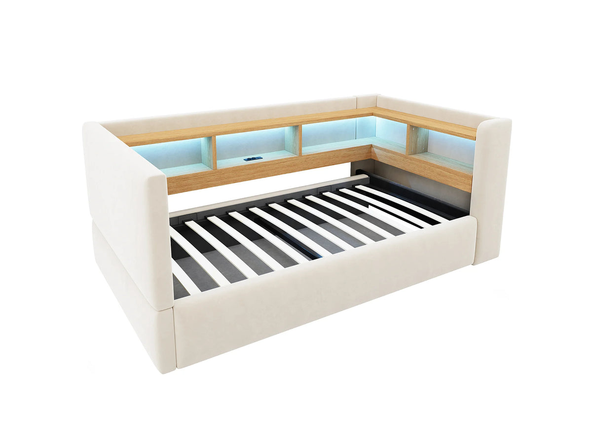 Lit Coffre 90x190 Flanelle Beige avec LED — vue 7