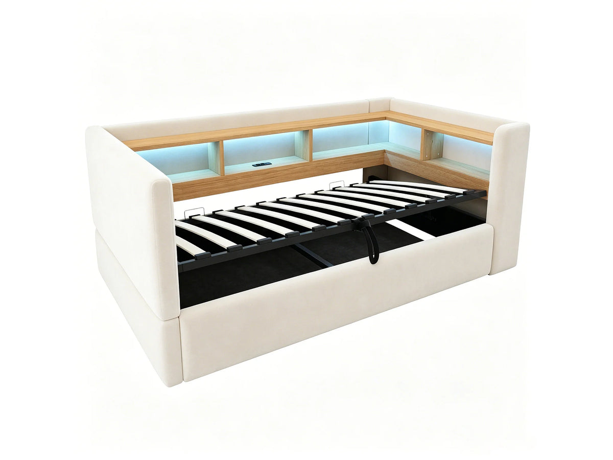 Lit Coffre 90x190 Flanelle Beige avec LED — vue 10