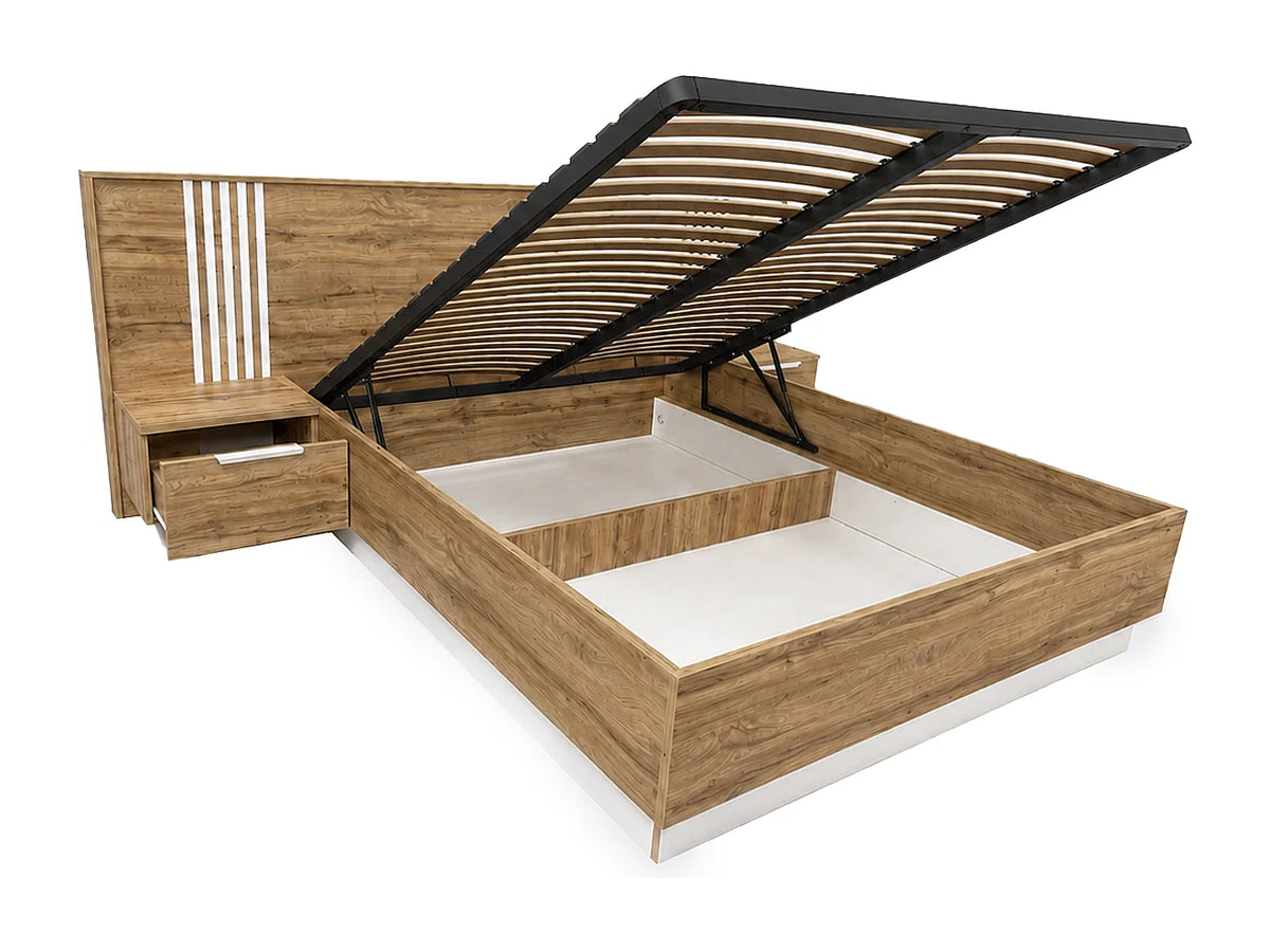 Lit Coffre 160x200 Bois Blanc avec Chevets, LED et Tiroirs - NELTORA — vue 3