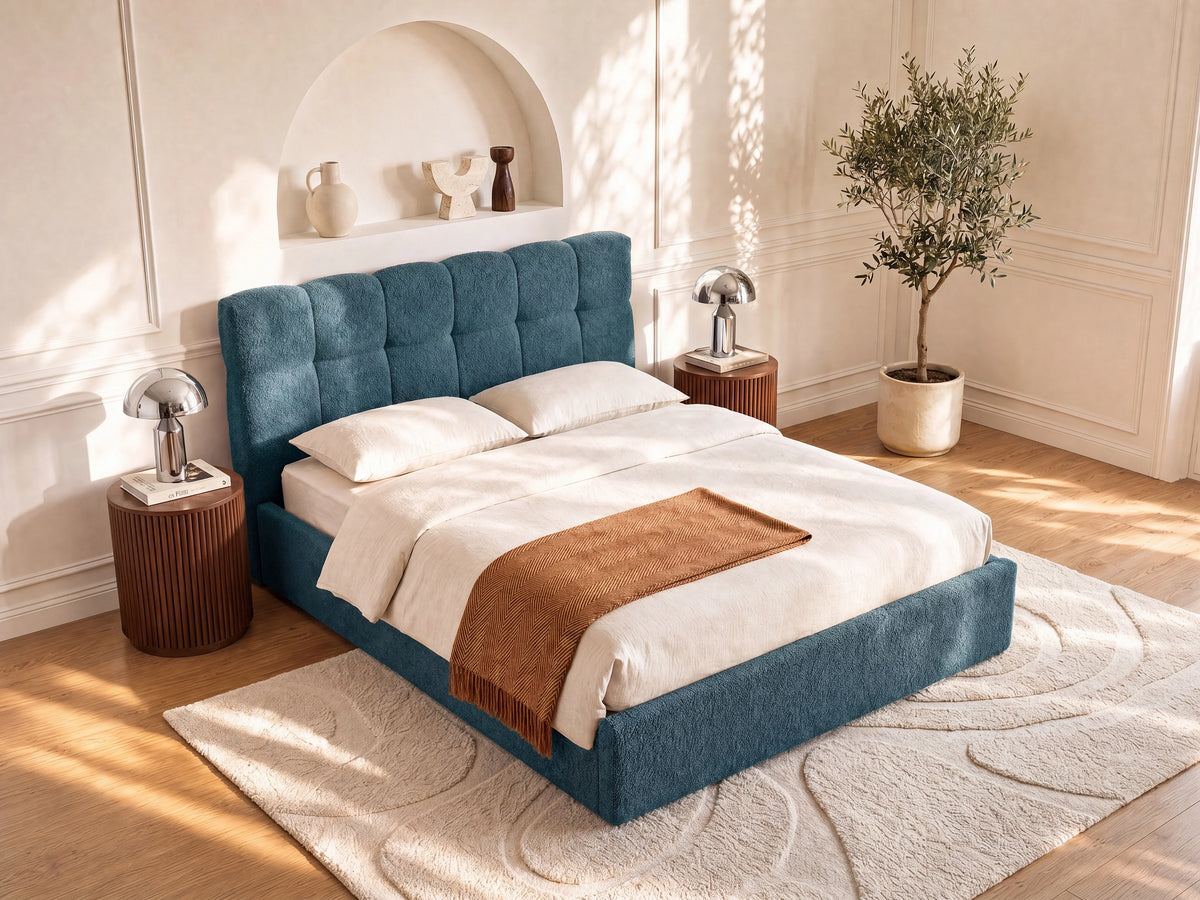 Lit Coffre 140x190 Tissu Bouclette Bleu canard - MAZIRI