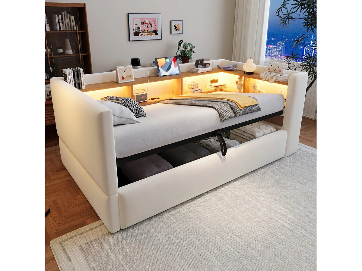 Lit Coffre 90x190 Tissu Beige avec LED