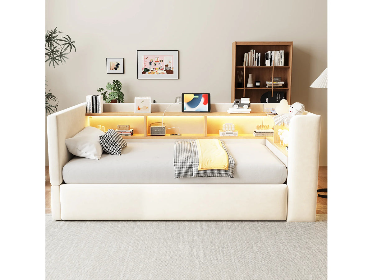 Lit Coffre 90x190 Tissu Beige avec LED — vue 2