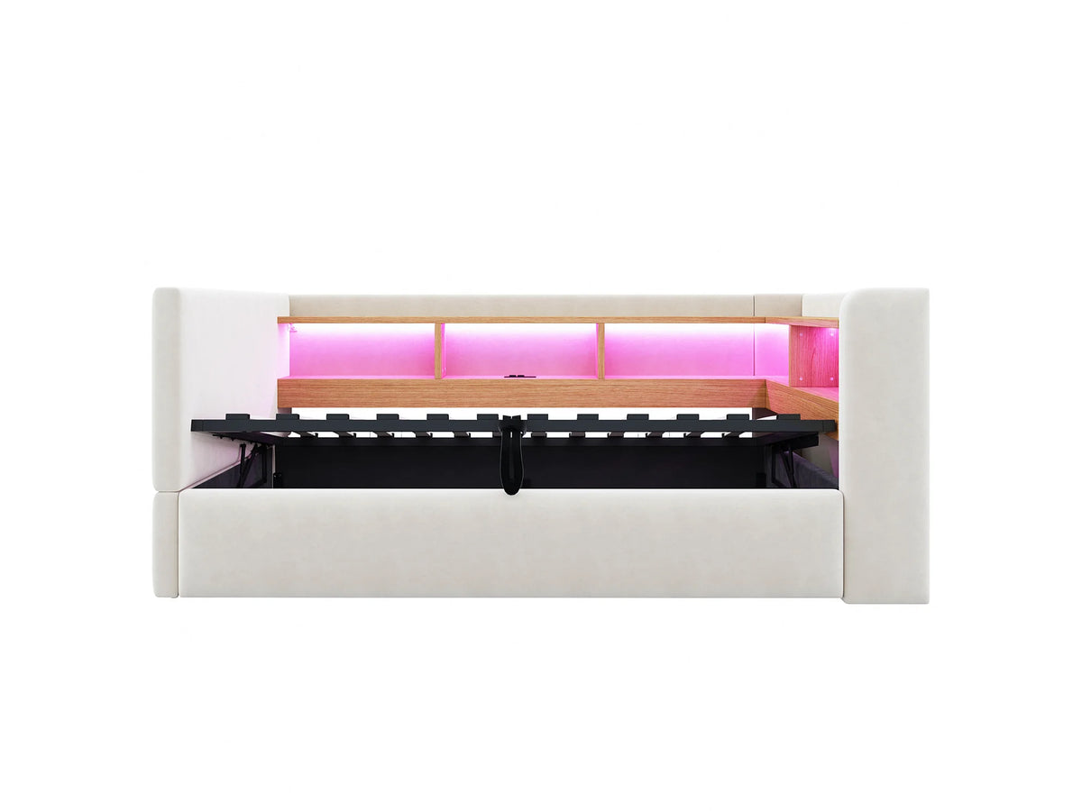 Lit Coffre 90x190 Tissu Beige avec LED — vue 3