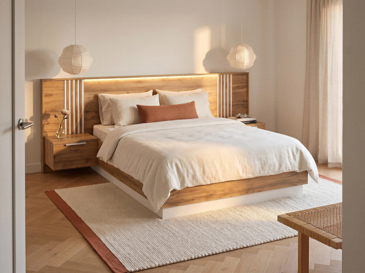 Lit Coffre 160x200 Bois Blanc avec Chevets, LED et Tiroirs - NELTORA
