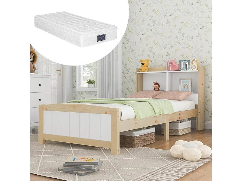 Lit Coffre 90x200 Bois Beige avec Matelas