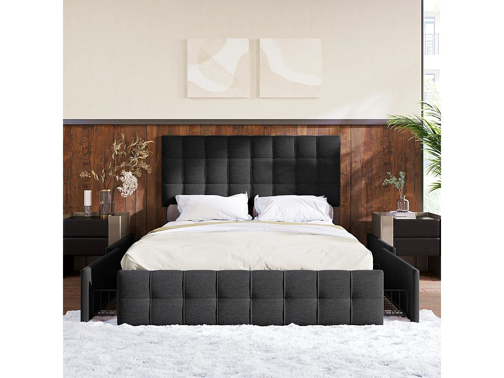 Lit Coffre 140x200 Tissu Lin Noir avec Matelas et Tiroirs