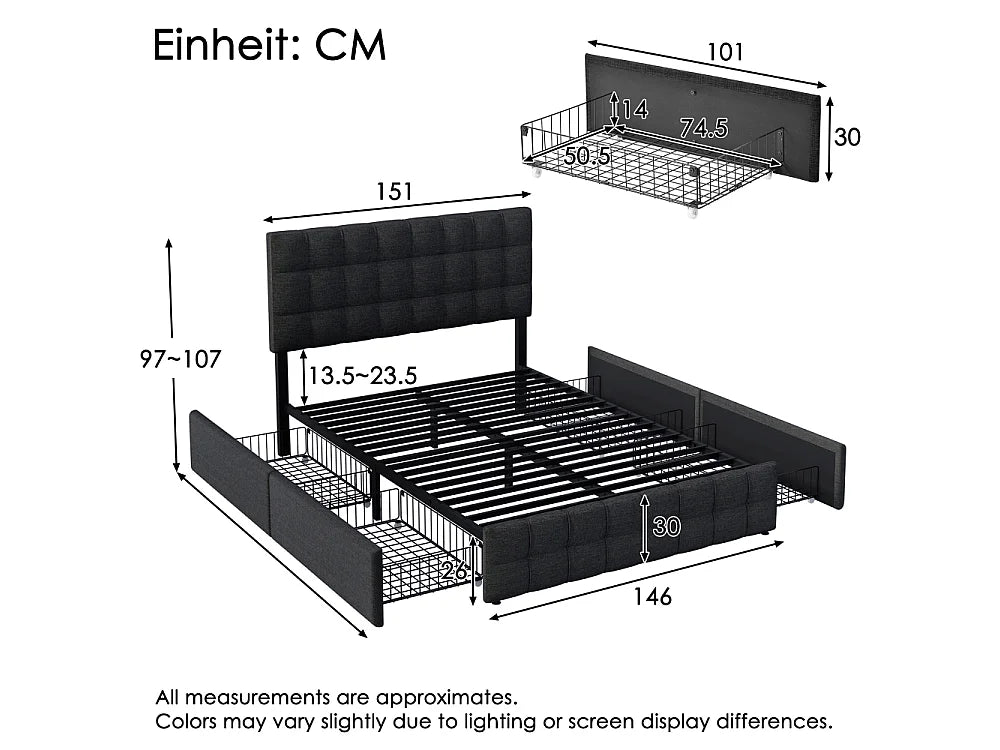 Lit Coffre 140x200 Tissu Lin Noir avec Matelas et Tiroirs — vue 4