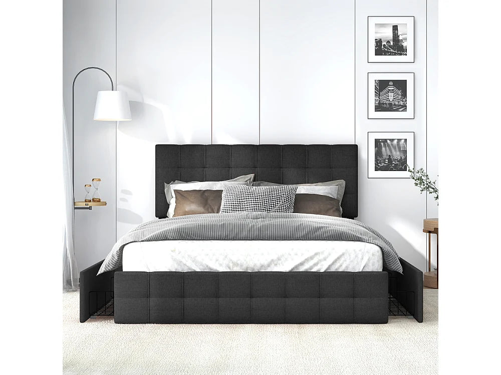 Lit Coffre 140x200 Tissu Lin Noir avec Matelas et Tiroirs — vue 5