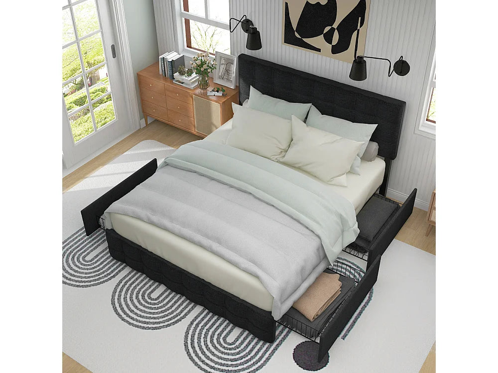 Lit Coffre 140x200 Tissu Lin Noir avec Matelas et Tiroirs — vue 7