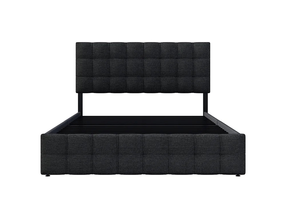 Lit Coffre 140x200 Tissu Lin Noir avec Matelas et Tiroirs — vue 9