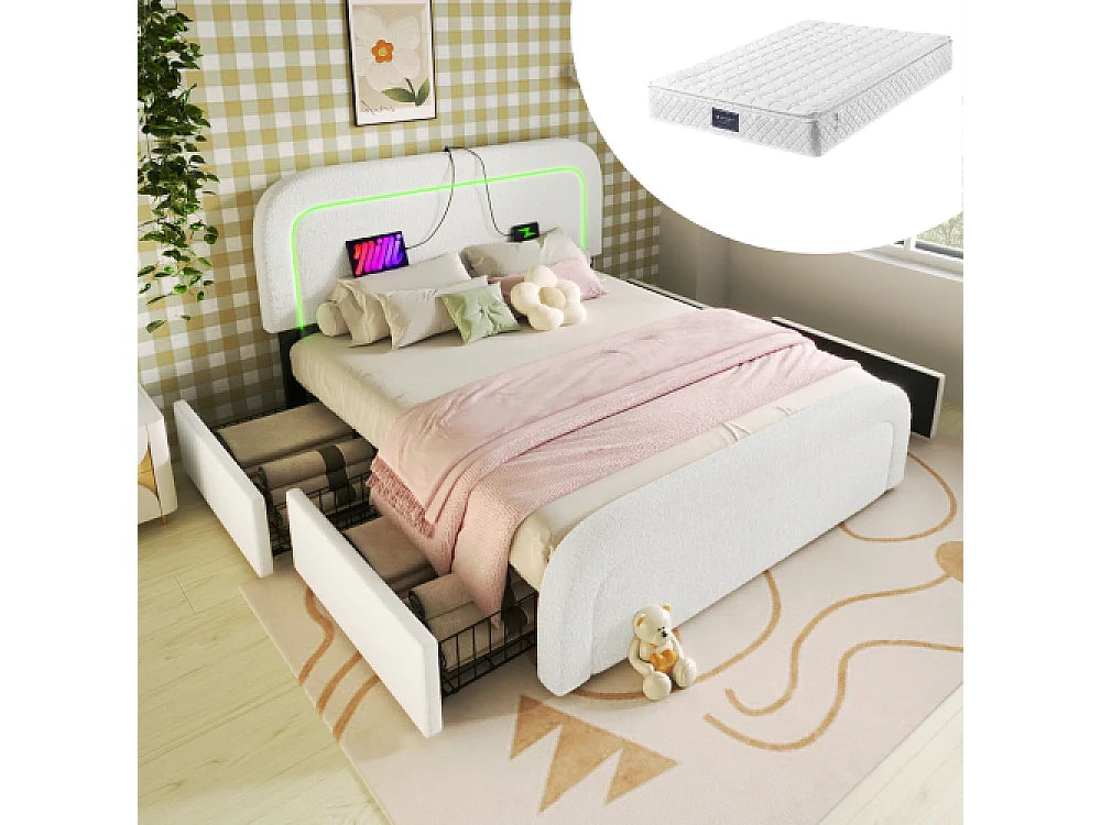 Lit Coffre 90x200 Bois Blanc Capitonné avec Matelas, LED, Tiroirs et Port USB