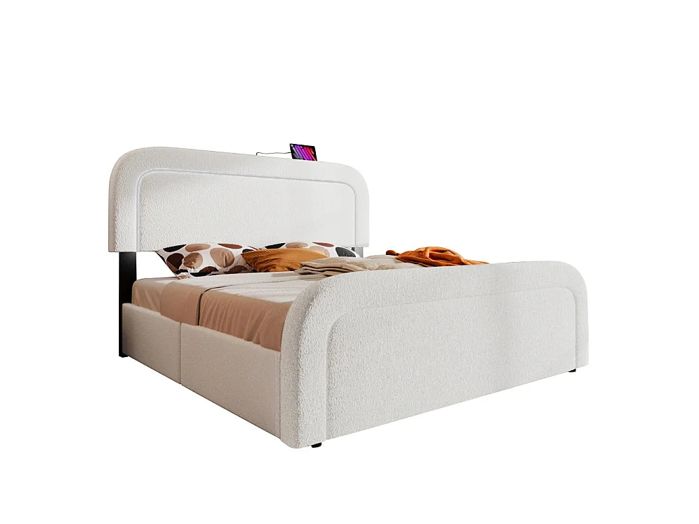 Lit Coffre 90x200 Bois Blanc Capitonné avec Matelas, LED, Tiroirs et Port USB — vue 3
