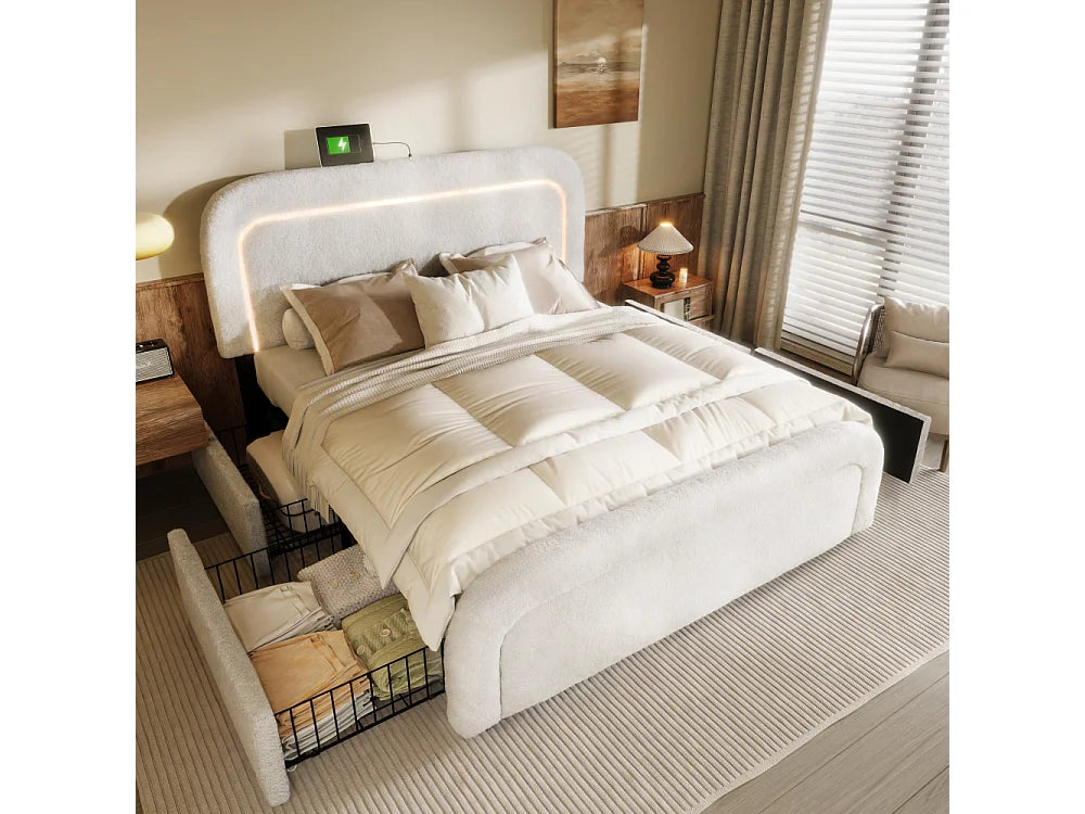 Lit Coffre 90x200 Bois Blanc Capitonné avec Matelas, LED, Tiroirs et Port USB — vue 6