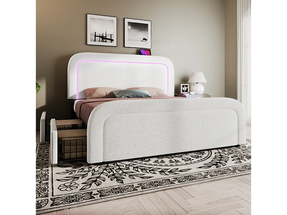 Lit Coffre 90x200 Bois Blanc Capitonné avec Matelas, LED, Tiroirs et Port USB — vue 8