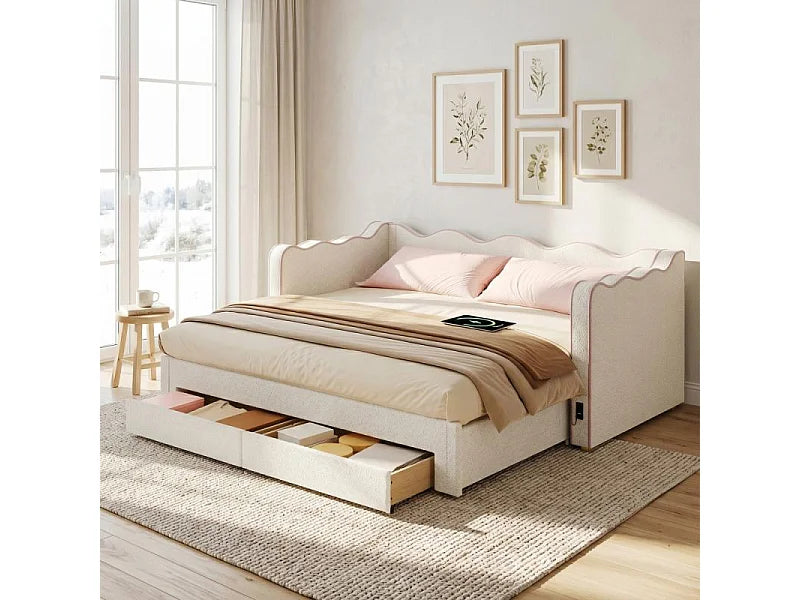 Lit Coffre 90x200 Tissu Bouclette Beige avec Tiroirs et Port USB — vue 2