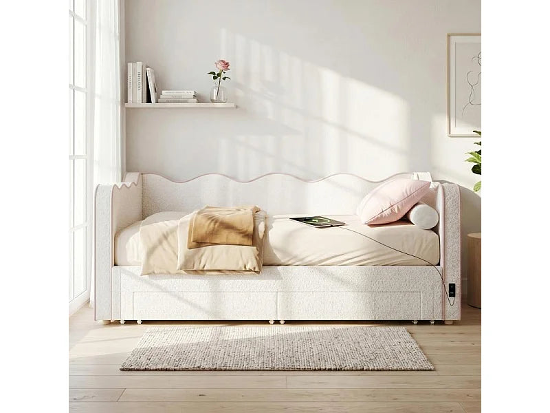 Lit Coffre 90x200 Tissu Bouclette Beige avec Tiroirs et Port USB — vue 3