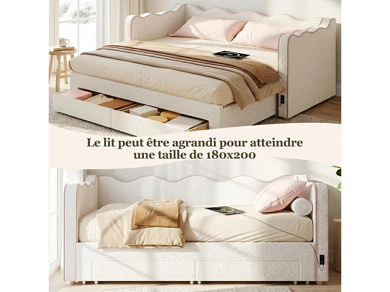Lit Coffre 90x200 Tissu Bouclette Beige avec Tiroirs et Port USB — vue 7