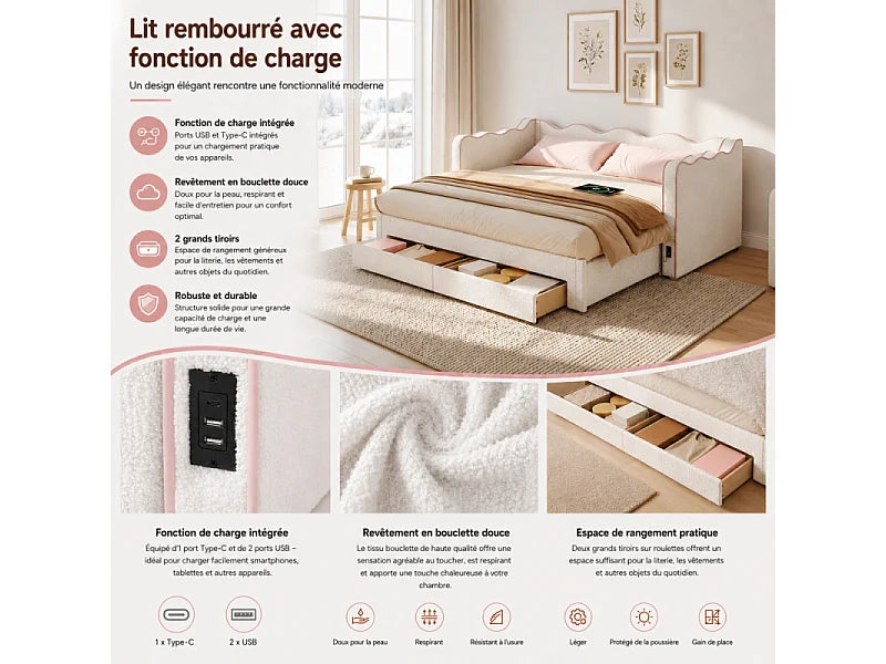 Lit Coffre 90x200 Tissu Bouclette Beige avec Tiroirs et Port USB — vue 8