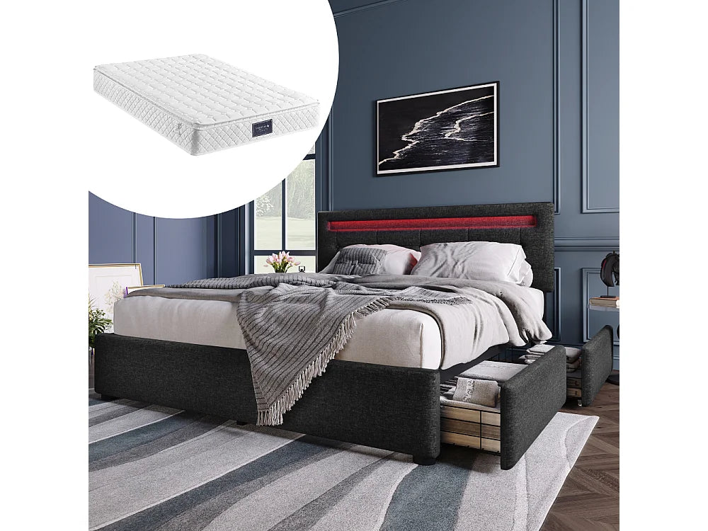 Lit Coffre 140x200 Tissu Lin Noir avec Matelas, LED et Tiroirs