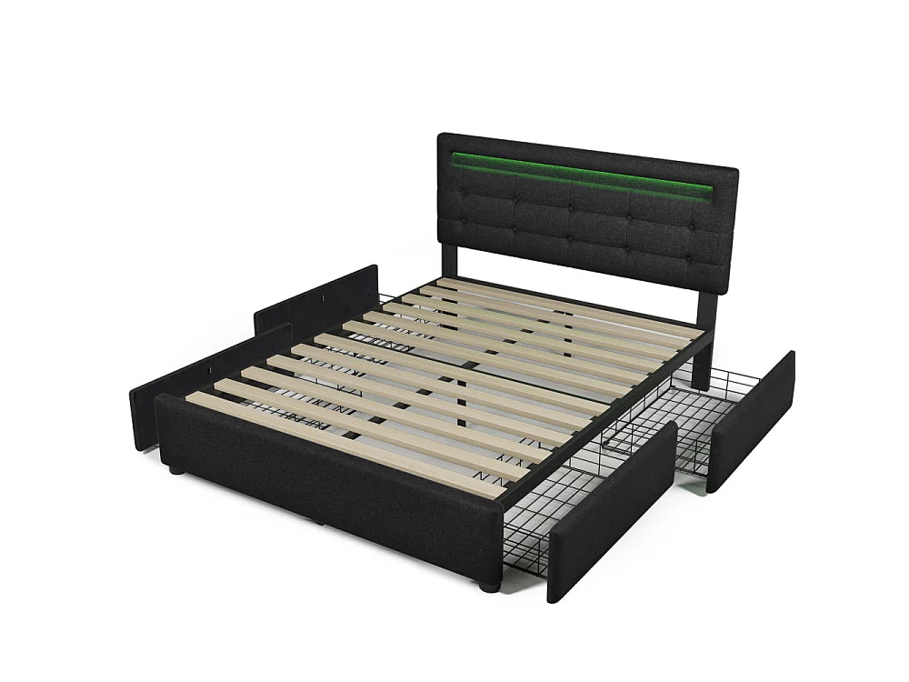 Lit Coffre 140x200 Tissu Lin Noir avec Matelas, LED et Tiroirs — vue 3