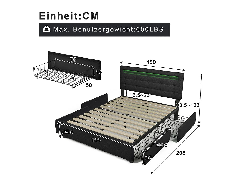Lit Coffre 140x200 Tissu Lin Noir avec Matelas, LED et Tiroirs — vue 4