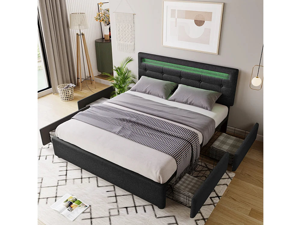 Lit Coffre 140x200 Tissu Lin Noir avec Matelas, LED et Tiroirs — vue 6