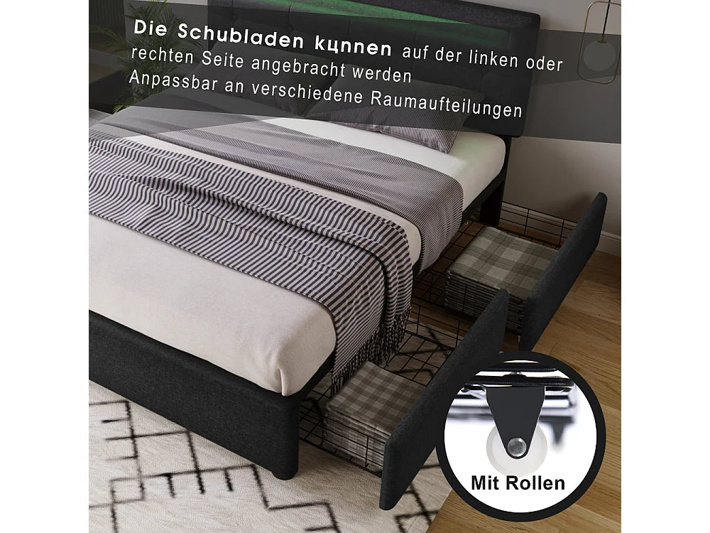 Lit Coffre 140x200 Tissu Lin Noir avec Matelas, LED et Tiroirs — vue 7