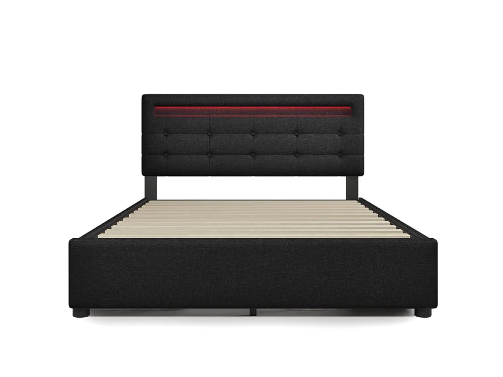 Lit Coffre 140x200 Tissu Lin Noir avec Matelas, LED et Tiroirs — vue 8