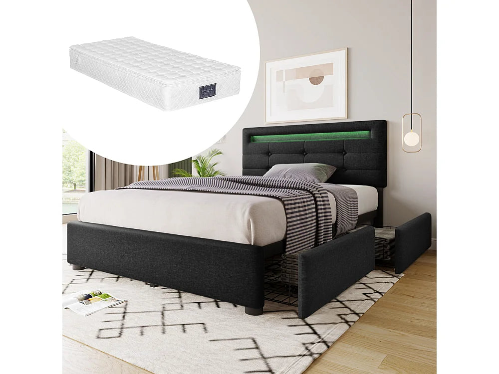 Lit Coffre 90x200 Bois Noir avec Matelas, LED et Tiroirs