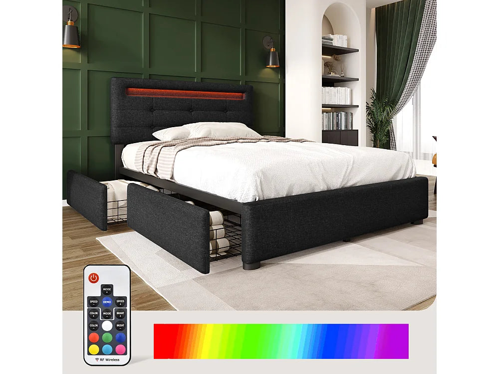 Lit Coffre 90x200 Bois Noir avec Matelas, LED et Tiroirs — vue 2