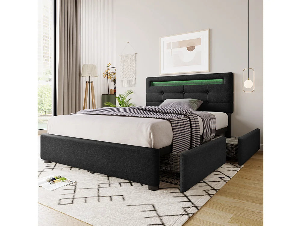 Lit Coffre 90x200 Bois Noir avec Matelas, LED et Tiroirs — vue 5