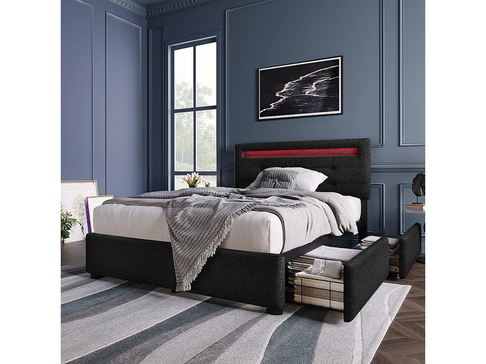 Lit Coffre 90x200 Bois Noir avec Matelas, LED et Tiroirs — vue 9