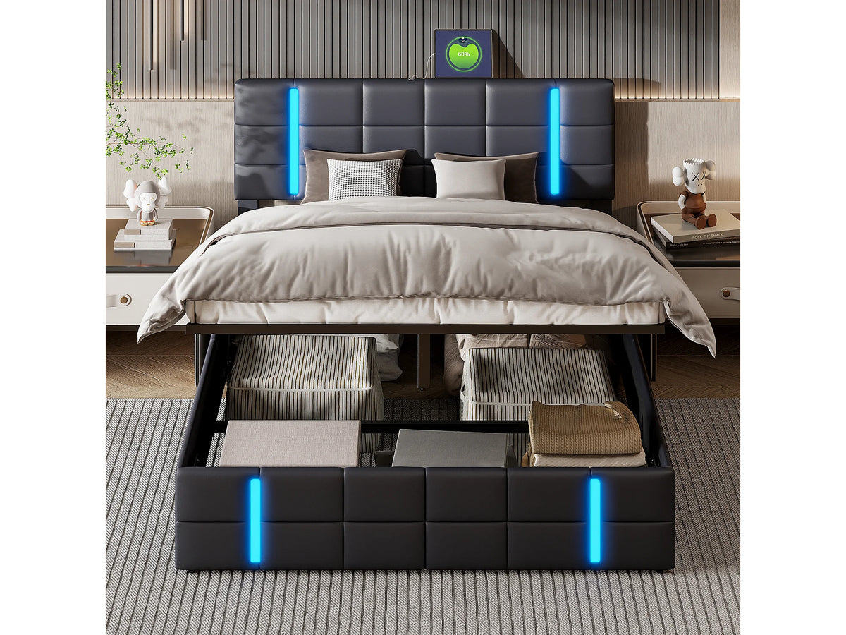 Lit Coffre 160x200 Simili Cuir Noir avec Chevets, Matelas, LED et Port USB — vue 2