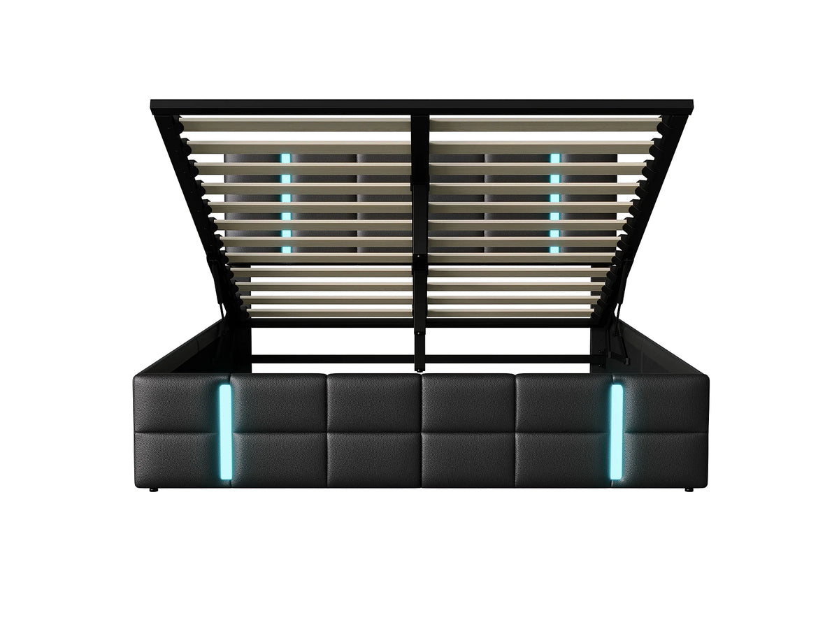 Lit Coffre 160x200 Simili Cuir Noir avec Chevets, Matelas, LED et Port USB — vue 8
