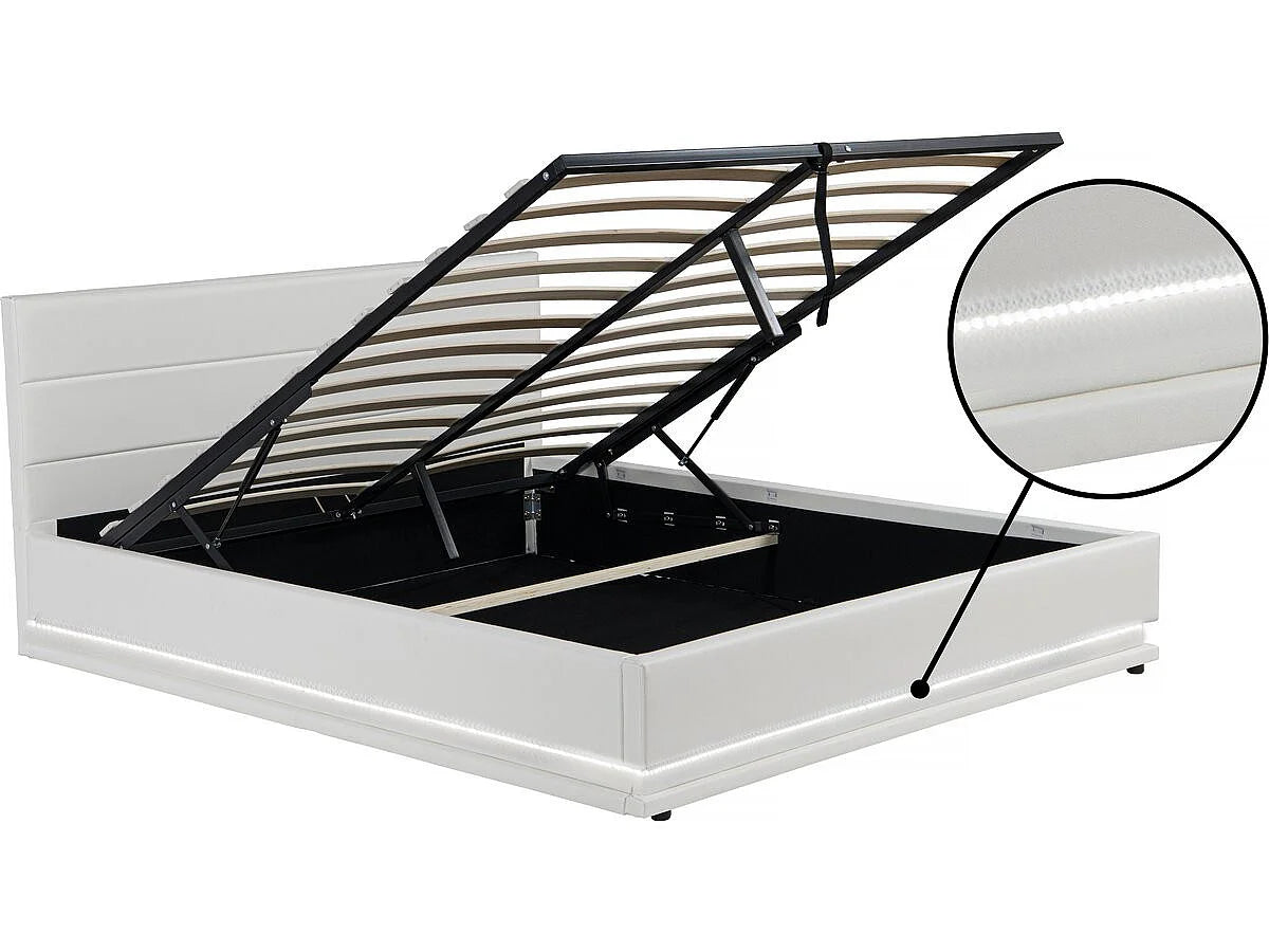 Lit Coffre 160x200 Simili Cuir Blanc avec LED — vue 3