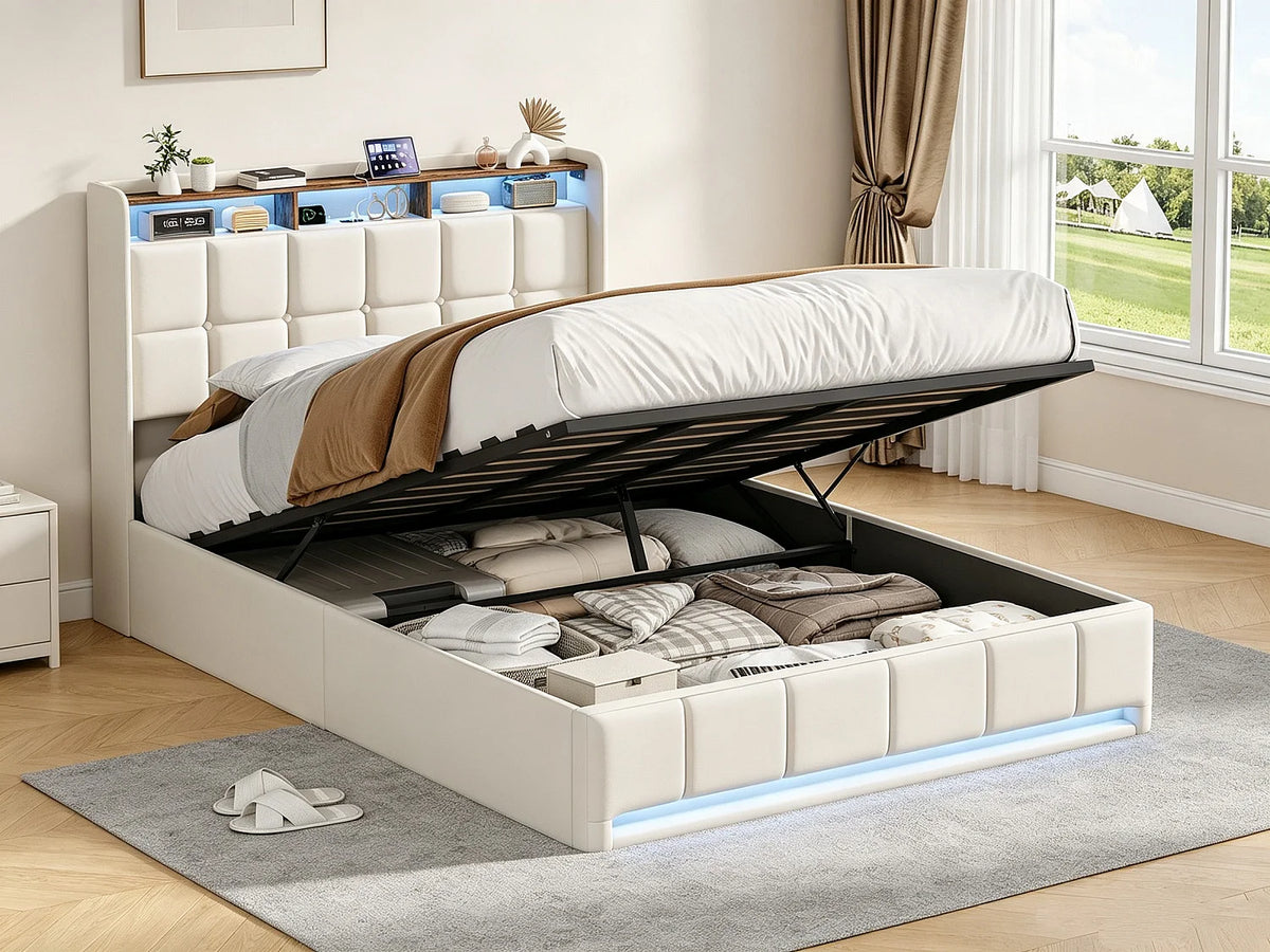 Lit Coffre 140x190 Tissu Lin Beige avec LED et Port USB — vue 8