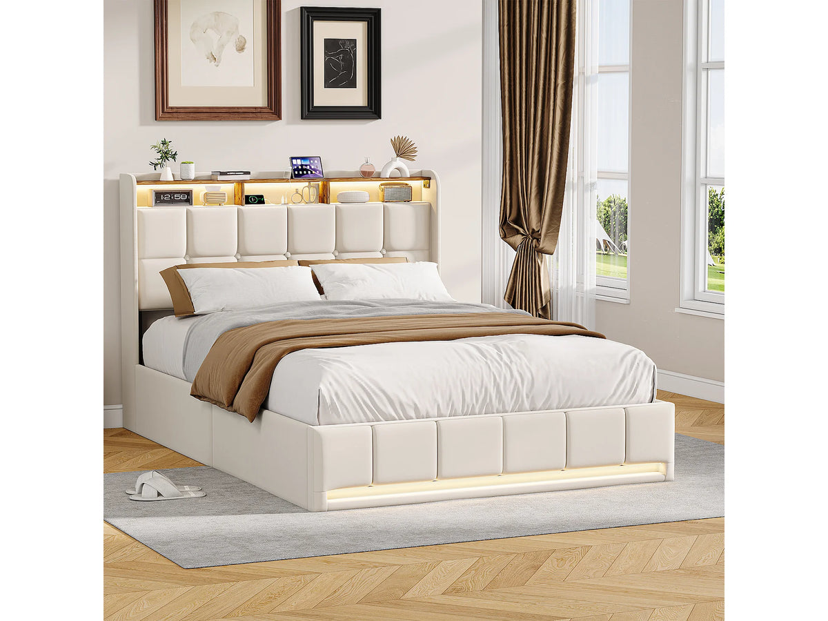 Lit Coffre 140x190 Tissu Lin Beige avec LED et Port USB — vue 9